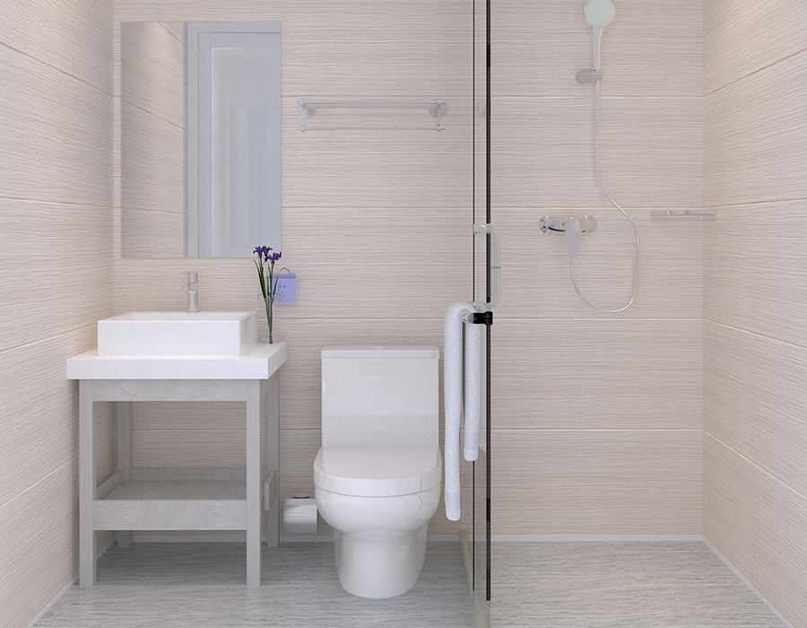 Bagno modulare con struttura a pannello intero per un'installazione rapida