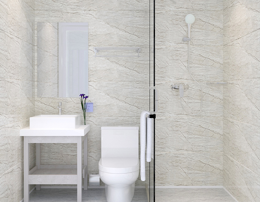 Bagno modulare con struttura a pannello intero per un'installazione rapida