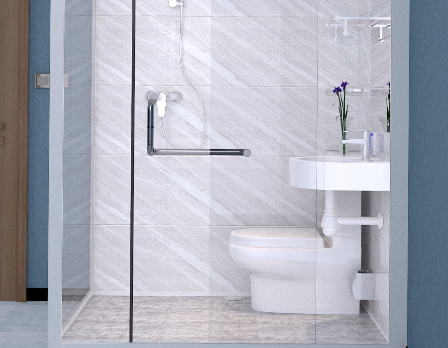 Bagno integrato modulare con pareti in vetro e pannelli interni in fibra di resina PEC
