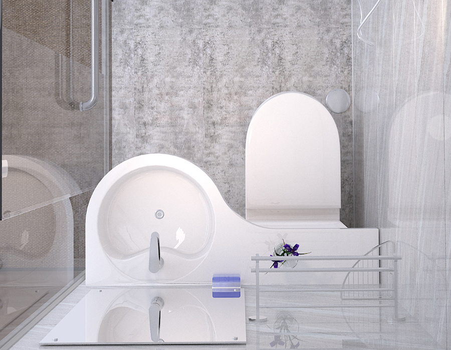 Bagno integrato modulare con pareti in vetro e pannelli interni in fibra di resina PEC