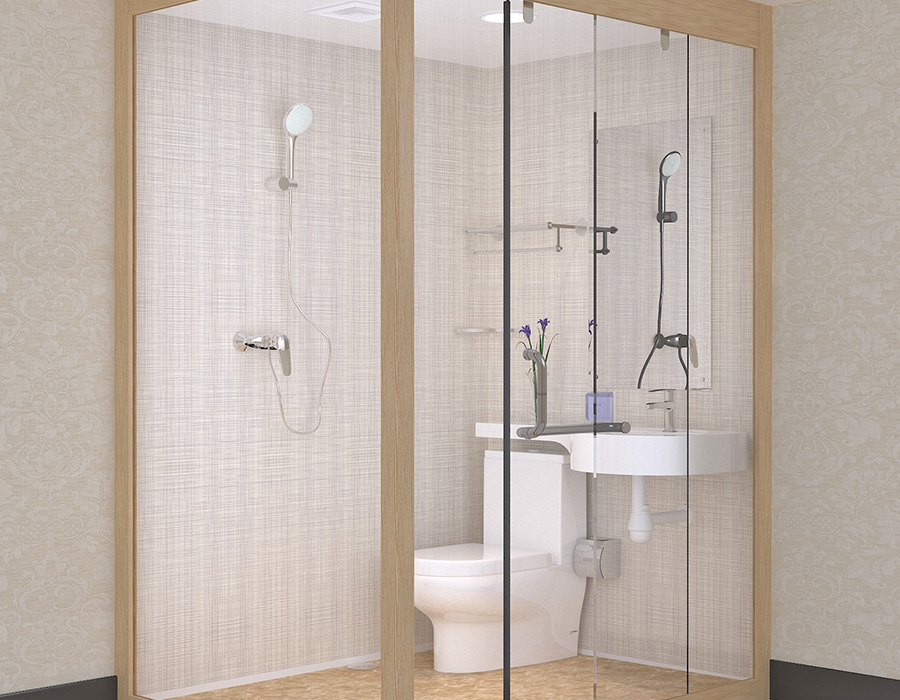 Bagno modulare per hotel con pannelli murali interni in fibra di resina PEC e pareti esterne in vetro