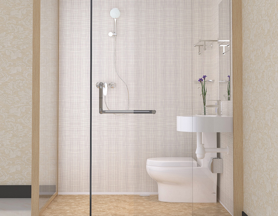 Bagno modulare per hotel con pannelli murali interni in fibra di resina PEC e pareti esterne in vetro