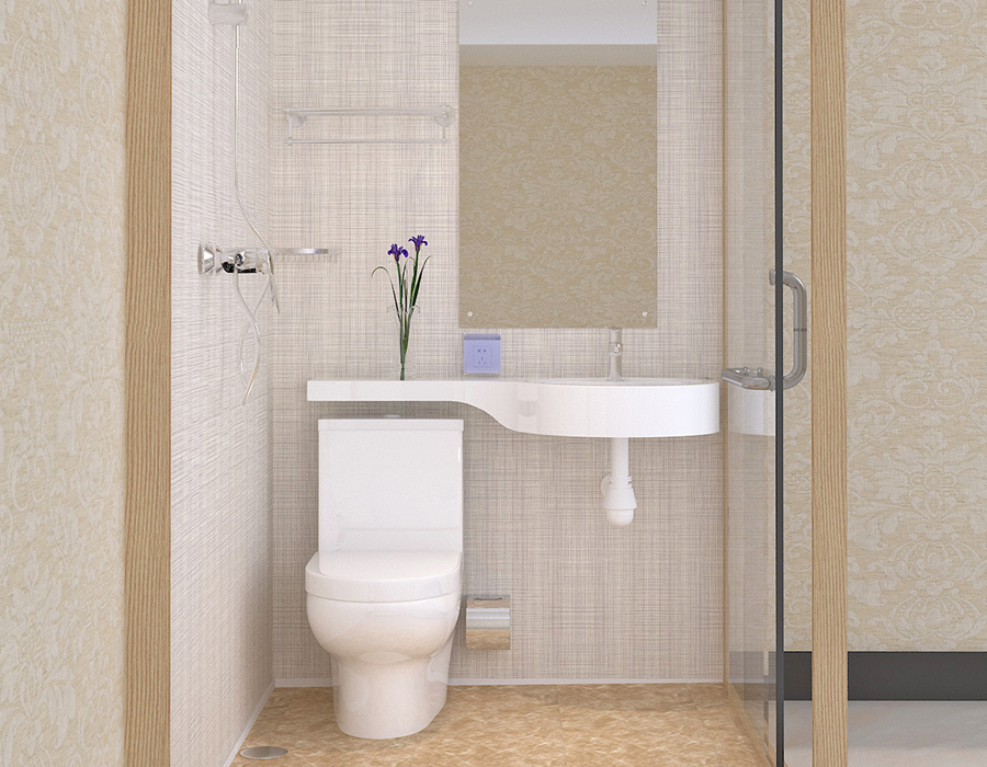 Bagno modulare per hotel con pannelli murali interni in fibra di resina PEC e pareti esterne in vetro
