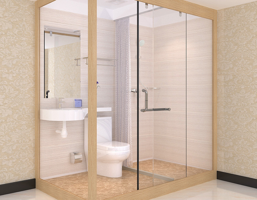 Bagno modulare per hotel con pannelli interni in fibra di resina PEC e pareti esterne in vetro