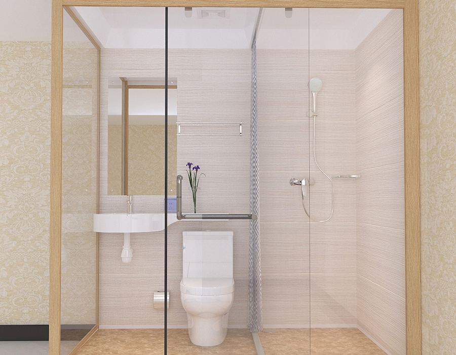 Bagno modulare per hotel con pannelli interni in fibra di resina PEC e pareti esterne in vetro