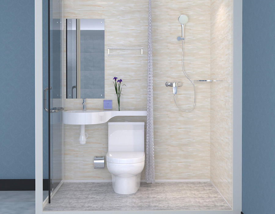 Bagno prefabbricato modulare con pareti esterne in vetro per un'installazione rapida ed efficiente