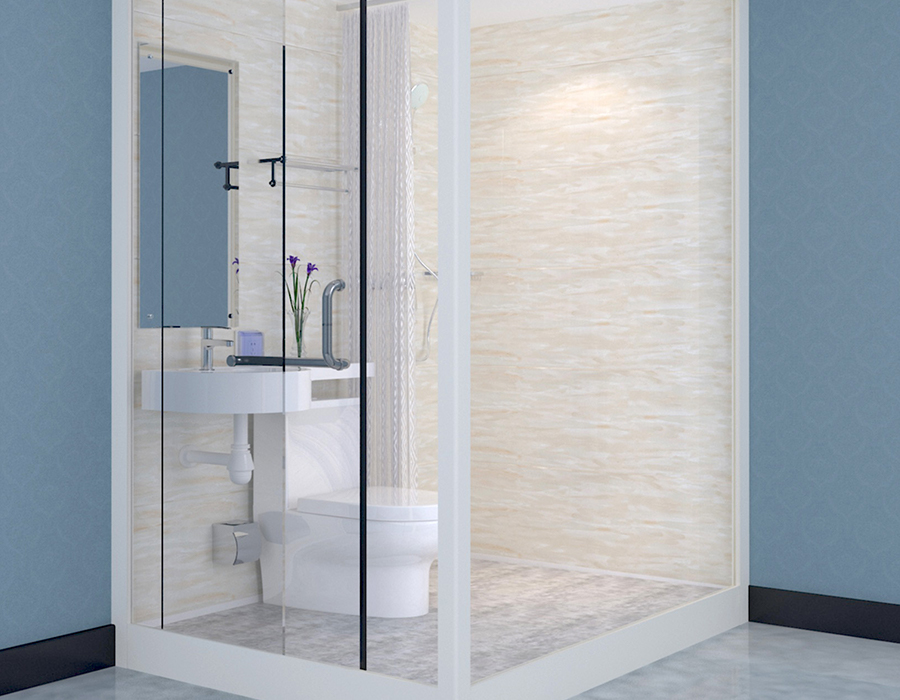 Bagno prefabbricato modulare con pareti esterne in vetro per un'installazione rapida ed efficiente