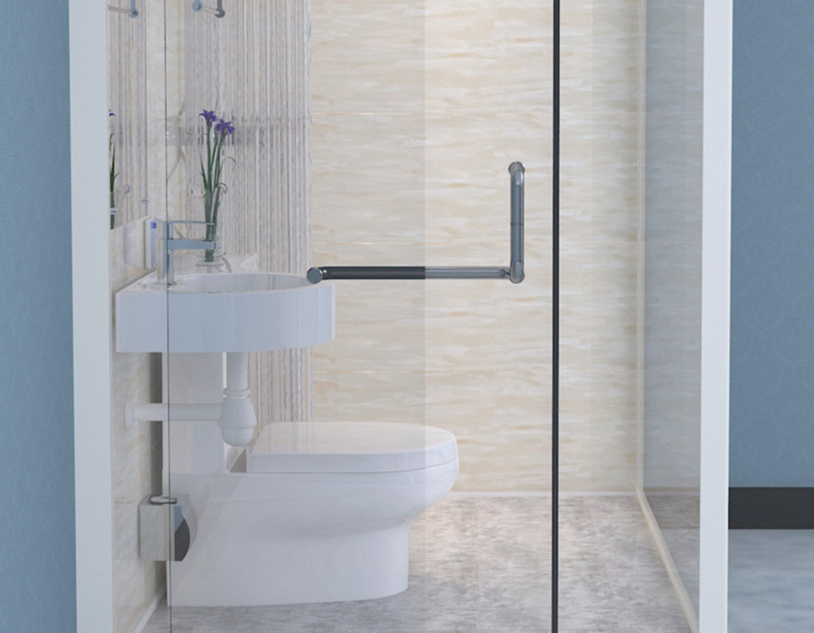 Bagno prefabbricato modulare con pareti esterne in vetro per un'installazione rapida ed efficiente