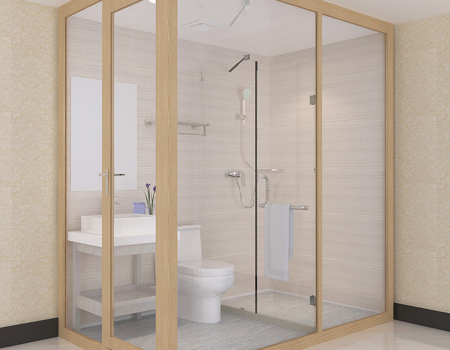 Soluzione bagno integrata con sistema a pannelli completi per installazioni prefabbricate
