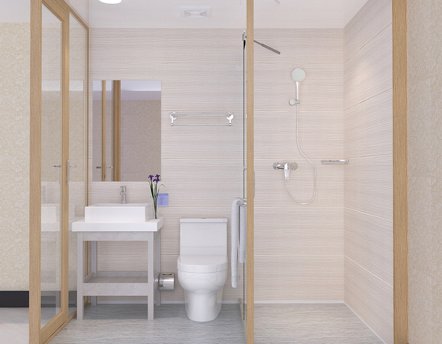 Soluzione bagno integrata con sistema a pannelli completi per installazioni prefabbricate