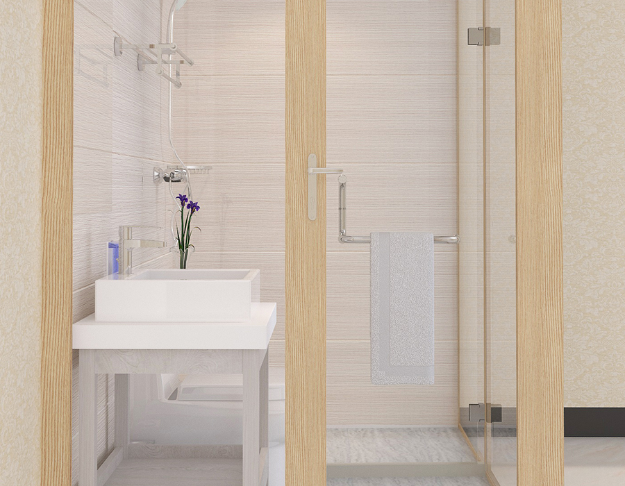 Soluzione bagno integrata con sistema a pannelli completi per installazioni prefabbricate