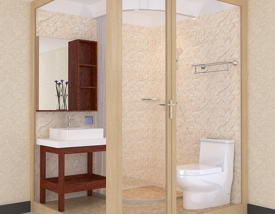 Bagno integrato con esterno in vetro e pannelli interni in fibra di resina