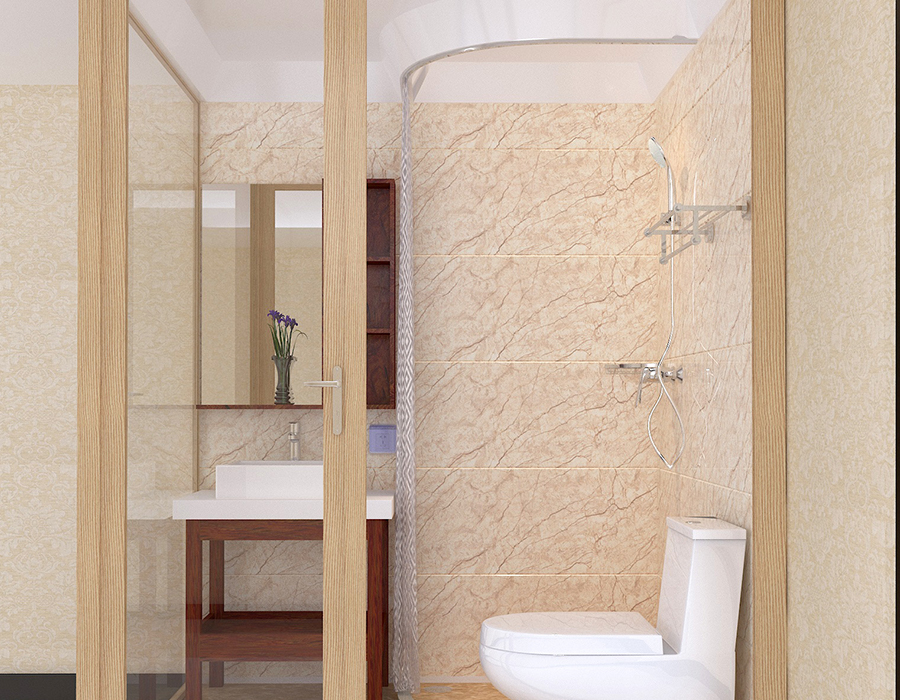 Bagno integrato con esterno in vetro e pannelli interni in fibra di resina