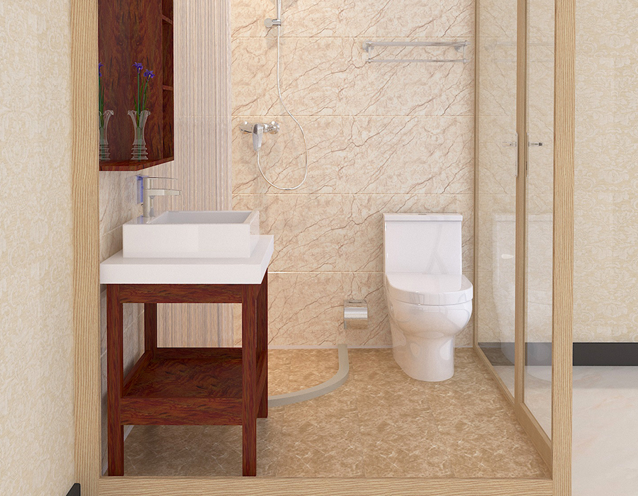 Bagno integrato con esterno in vetro e pannelli interni in fibra di resina