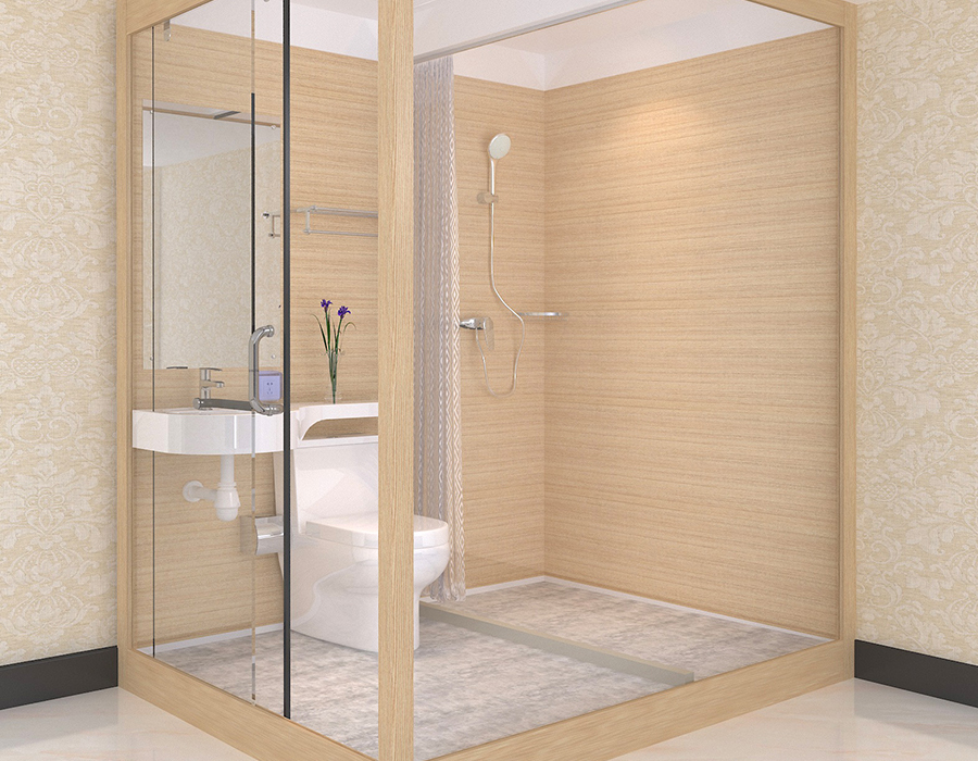Bagno prefabbricato con pannelli interni in fibra di resina PEC e parete esterna in vetro