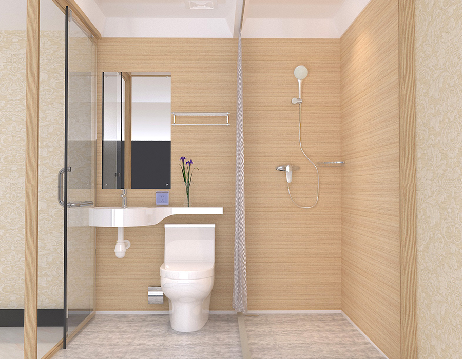 Bagno prefabbricato con pannelli interni in fibra di resina PEC e parete esterna in vetro