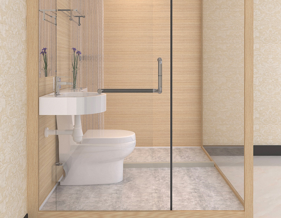 Bagno prefabbricato con pannelli interni in fibra di resina PEC e parete esterna in vetro