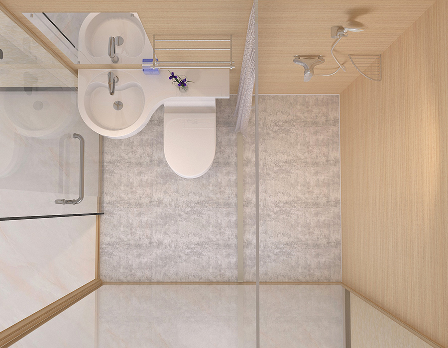 Bagno prefabbricato con pannelli interni in fibra di resina PEC e parete esterna in vetro