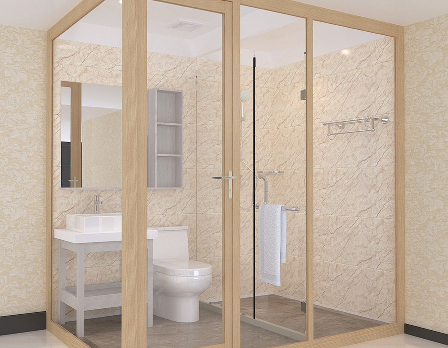Bagno integrato nel dormitorio con pannelli interni in fibra di resina PEC e pareti esterne in vetro