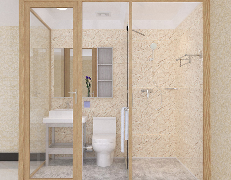Bagno integrato nel dormitorio con pannelli interni in fibra di resina PEC e pareti esterne in vetro