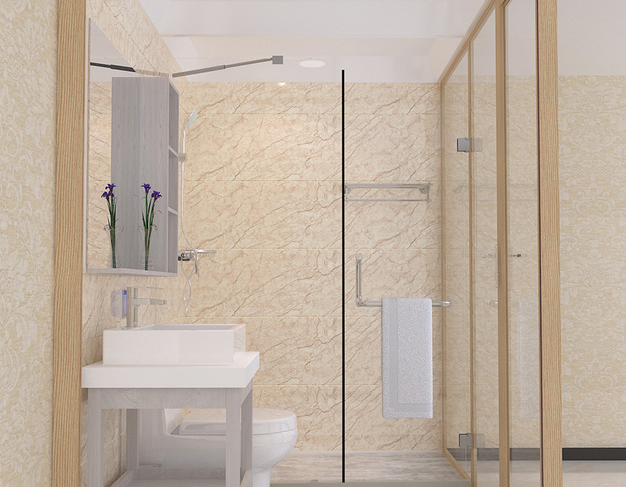 Bagno integrato nel dormitorio con pannelli interni in fibra di resina PEC e pareti esterne in vetro