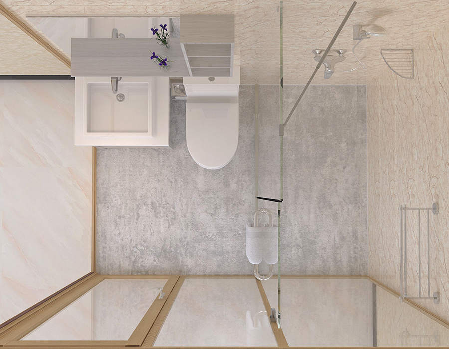 Bagno integrato nel dormitorio con pannelli interni in fibra di resina PEC e pareti esterne in vetro