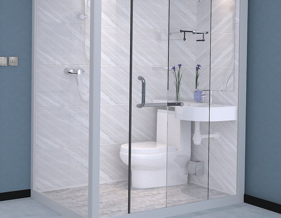 Bagno integrato modulare con pareti in vetro e pannelli interni in fibra di resina PEC