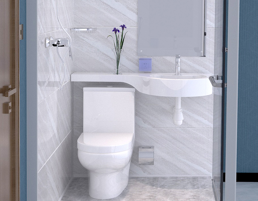 Bagno integrato modulare con pareti in vetro e pannelli interni in fibra di resina PEC